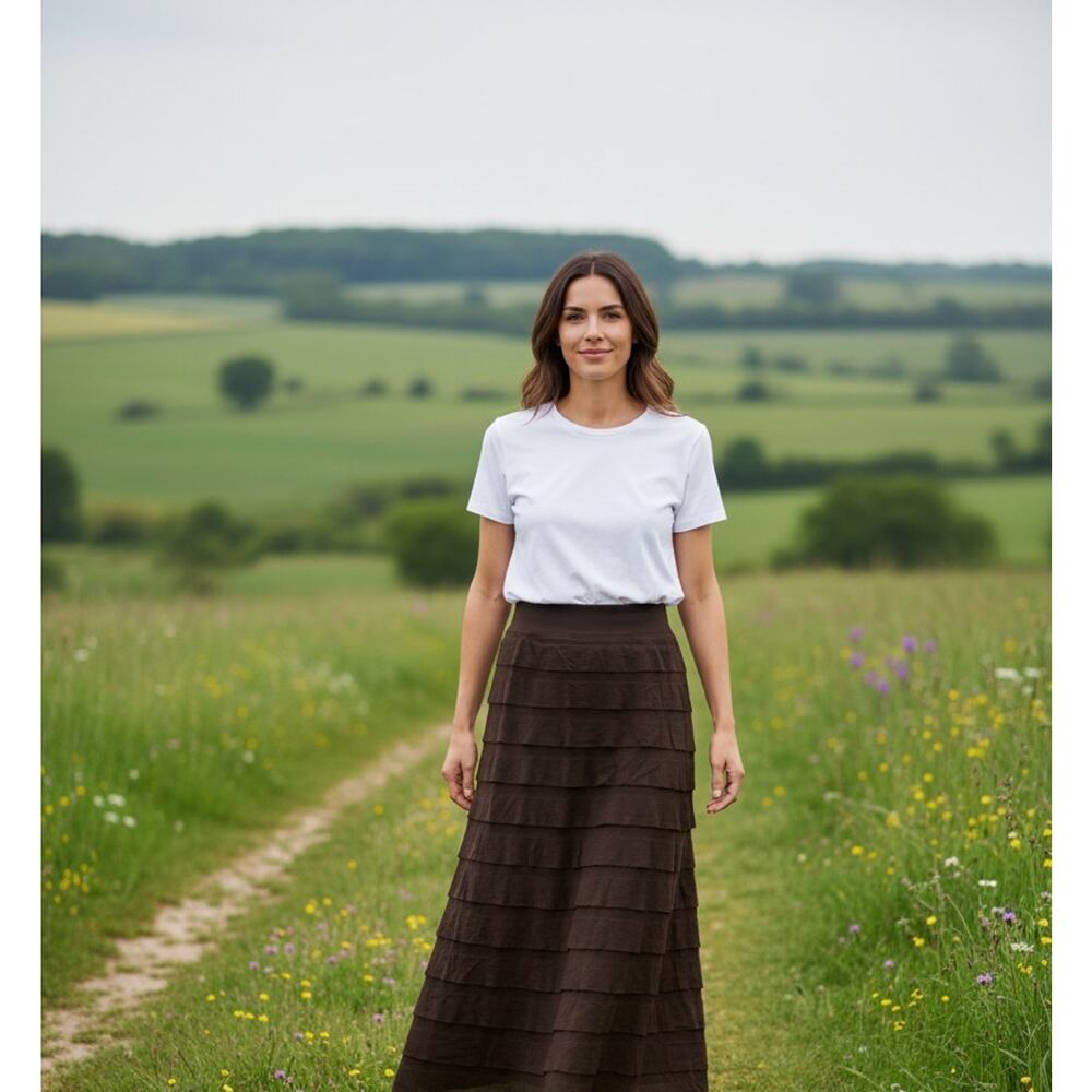 Max Studio Skirt Womens Small Brown Maxi Layered Ruffle Pull On Stretch Boho